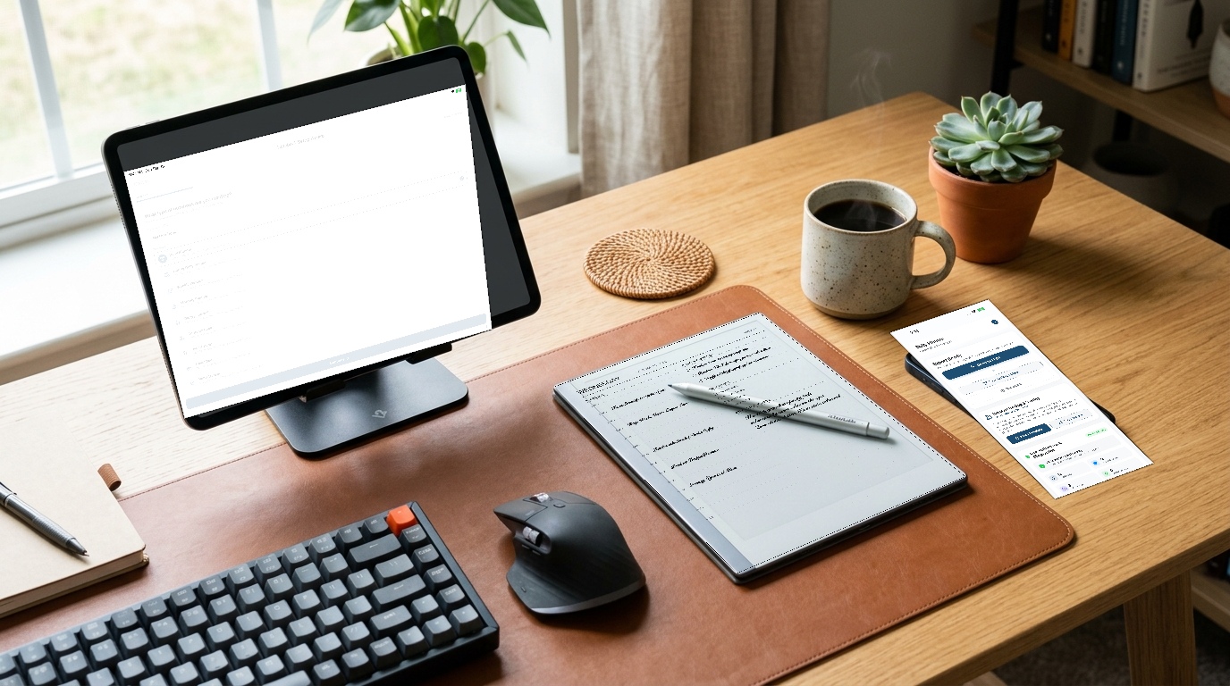 iPhone, iPad Pro on stand, and reMarkable 2 on Scandinavian desk