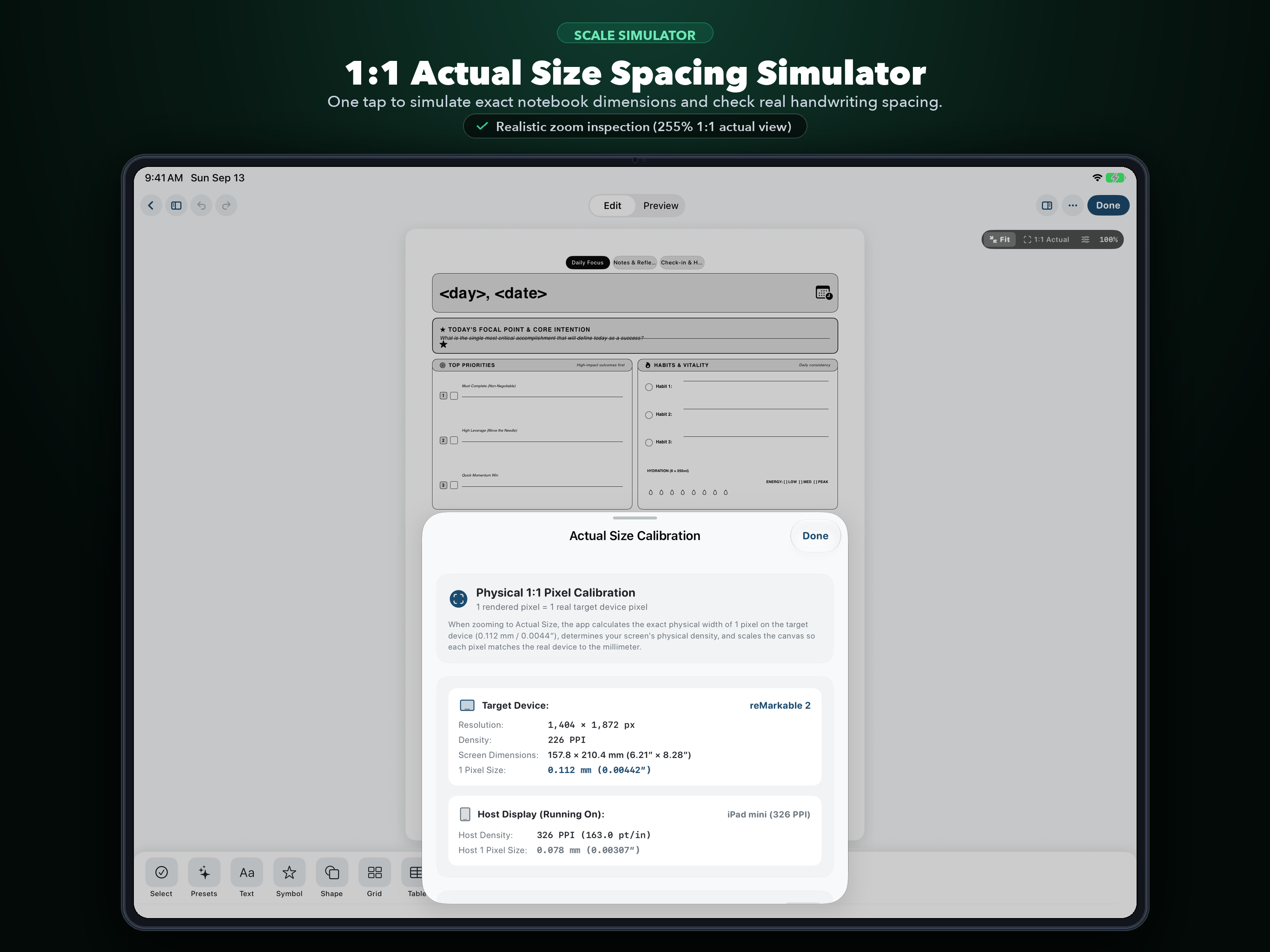 1:1 Actual Size Scale Simulator showing physical millimeter calibration