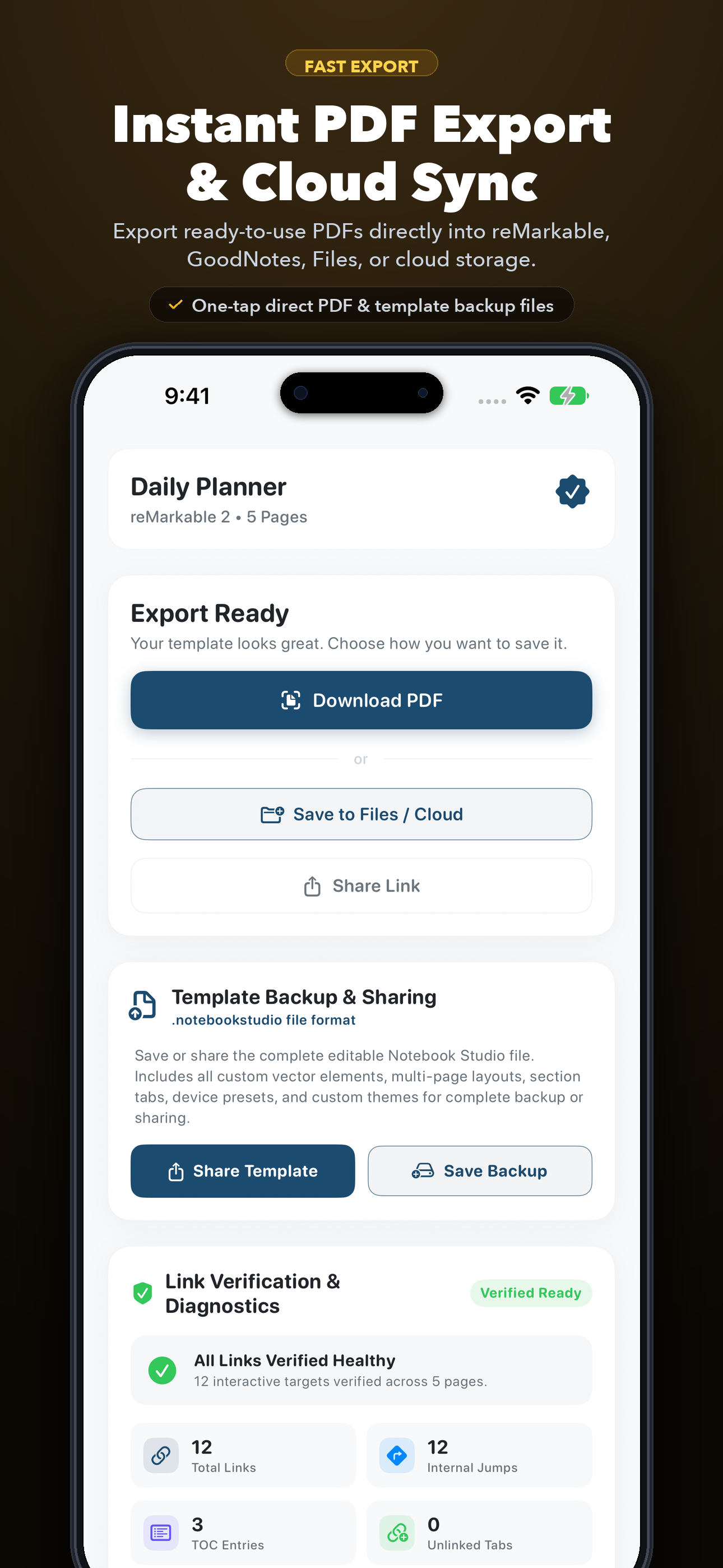 iPhone Instant PDF Export screen with 100% healthy hyperlink verification