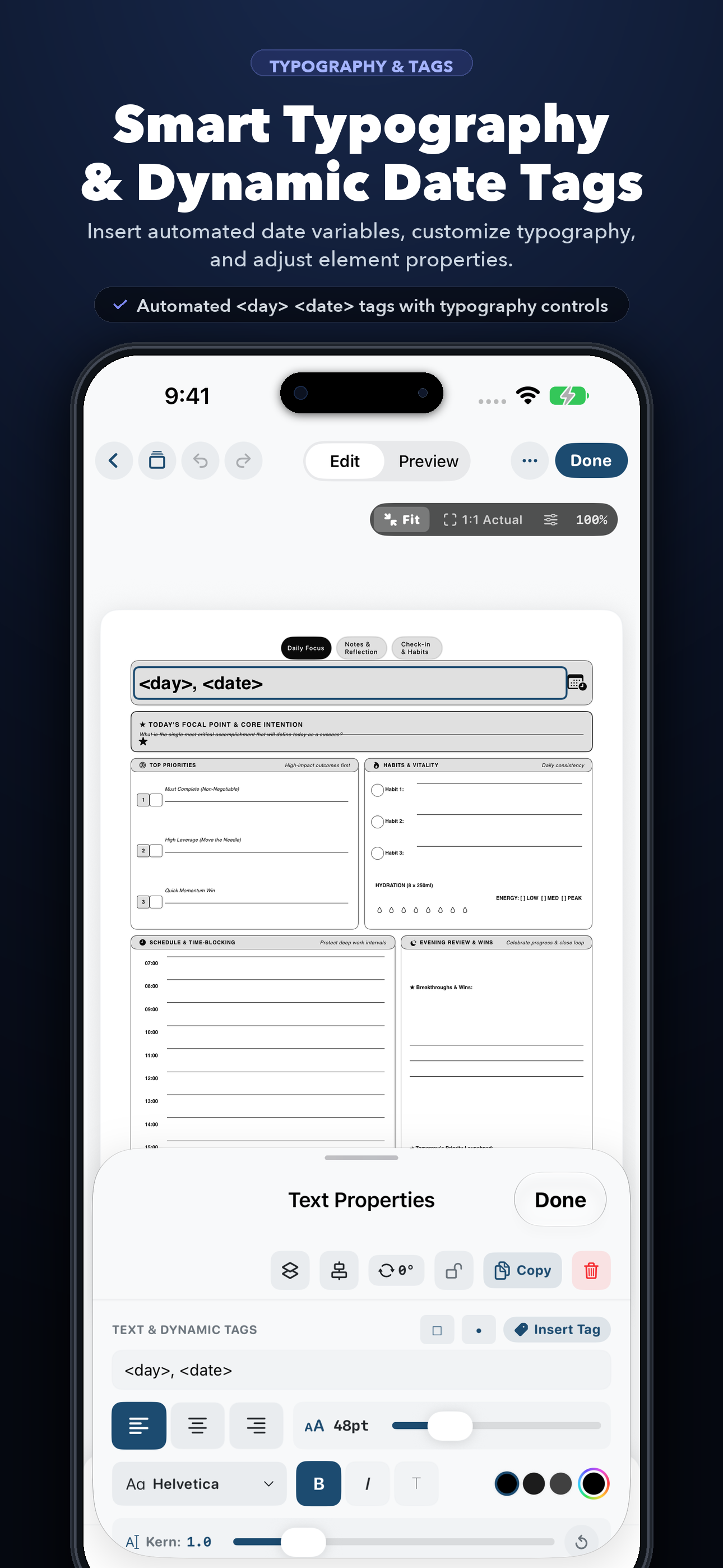 iPhone Smart Typography inspector showing dynamic date tags and font controls